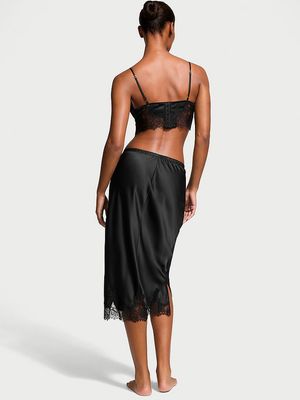 Conjunto con Bralette y Falda Midi de Satén con Ribete de Encaje de Rosas