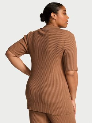 Cárdigan de Manga Corta con Cuello y Punto Acanalado Luxe