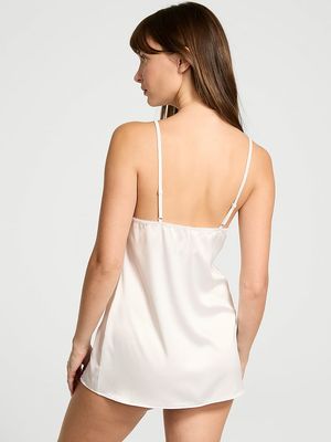 Mini Vestido Slip de Satén con Ribete de Encaje Tease
