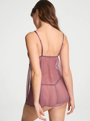 Conjunto con Babydoll Triangular de Encaje Transparente de Rosas